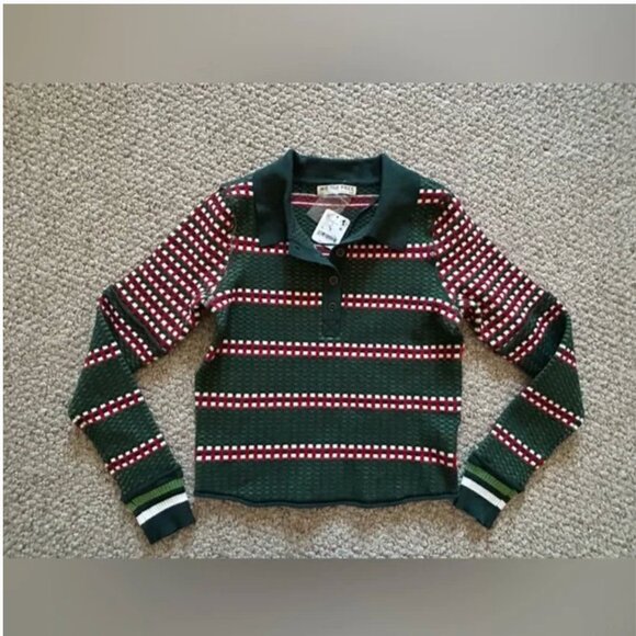 Free People NWT sweater polo green red holiday pattern top size M - Picture 4 of 7